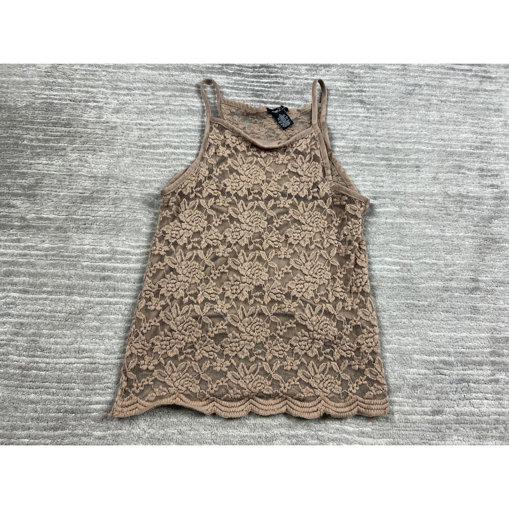 rue21 Tank Top Womens M Tan Floral Lace Scalloped Boho Sheer Spaghetti Strap